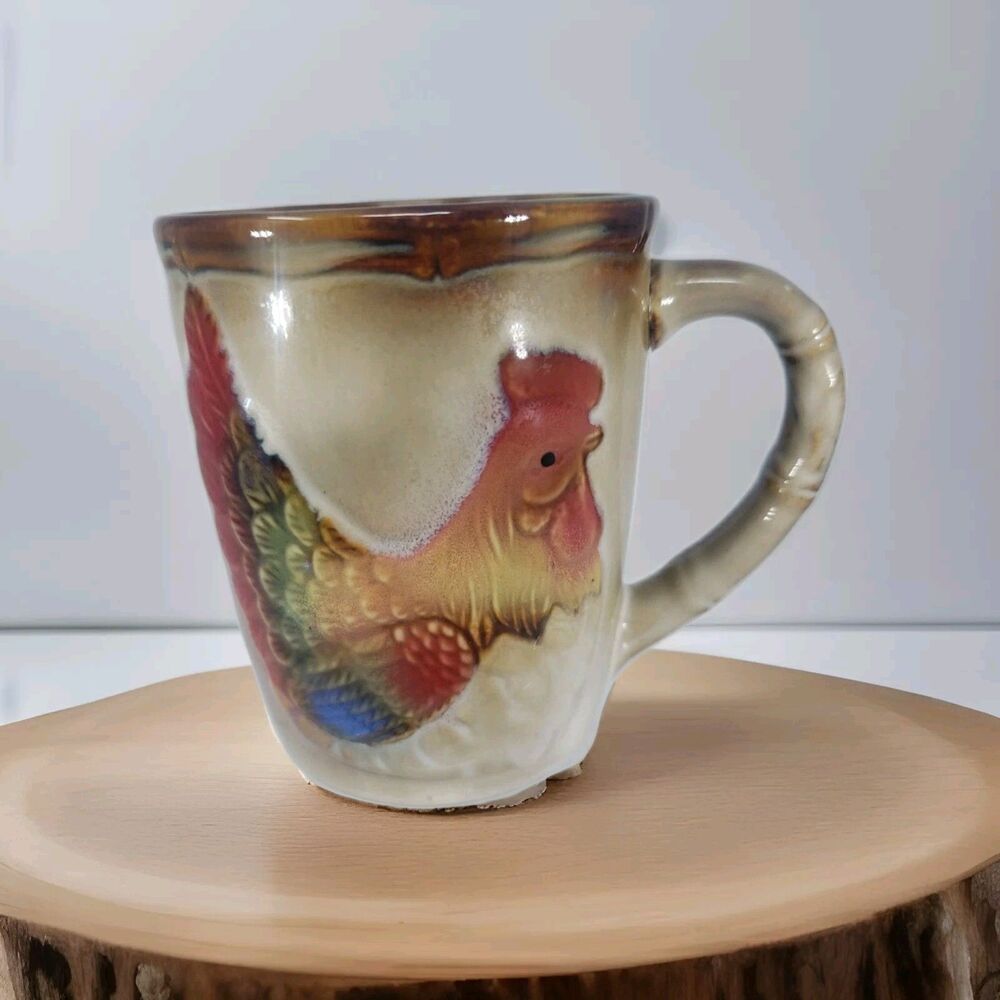 Colorful Hen Chicken Coffee Mug Embossed Vintage Collectible Excellent Condition